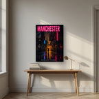 Northern Quarter Manchester art print on a thick-edge canvas, above an oak writing desk