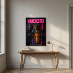 Northern Quarter Manchester art print in a black frame, above an oak writing desk