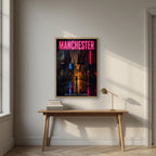 Northern Quarter Manchester art print in an oak frame, above an oak writing desk