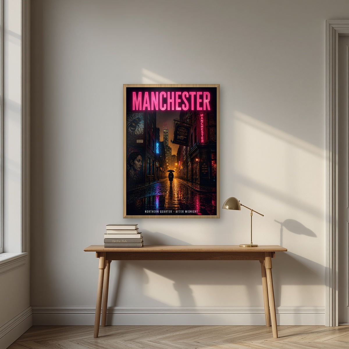 Northern Quarter Manchester art print in an oak frame, above an oak writing desk
