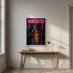 Northern Quarter Manchester art print in a white frame, above an oak writing desk