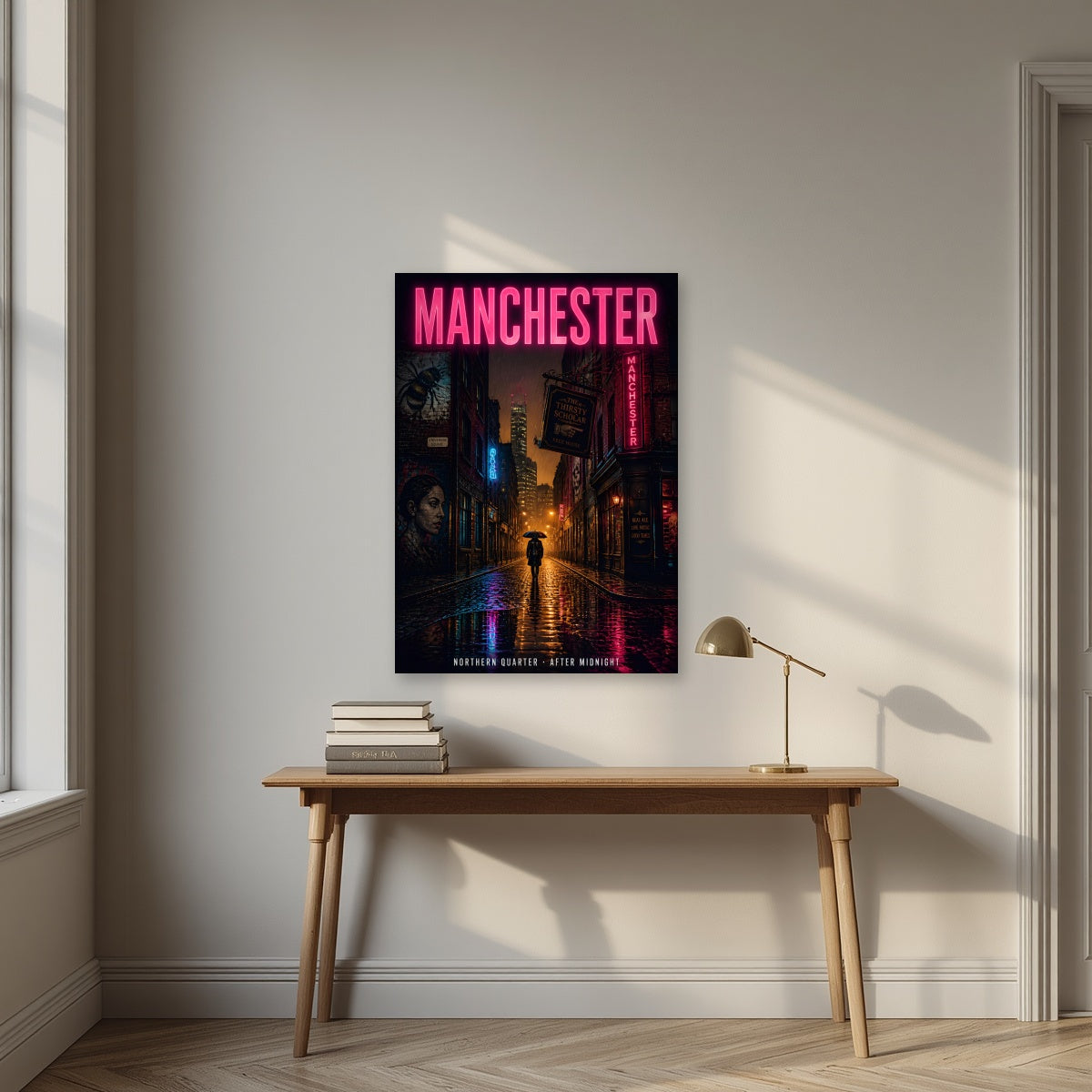Northern Quarter Manchester art print as an unframed print, above an oak writing desk