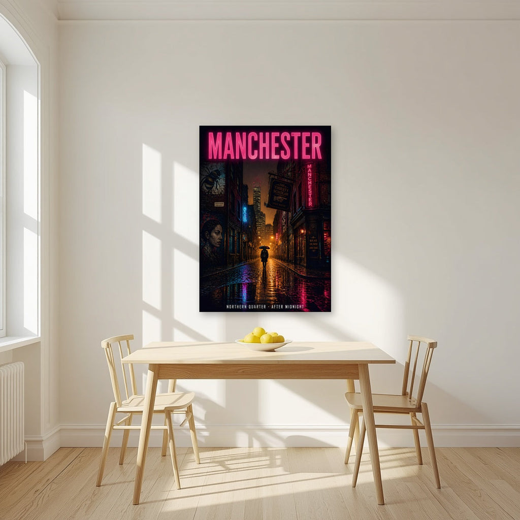 Northern Quarter Manchester art print as an unframed print, above a dining table in a bright kitchen