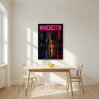 Northern Quarter Manchester art print as an unframed print, above a dining table in a bright kitchen