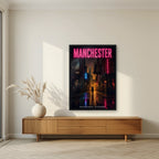 Northern Quarter Manchester art print in a black frame, above a walnut sideboard in a living room