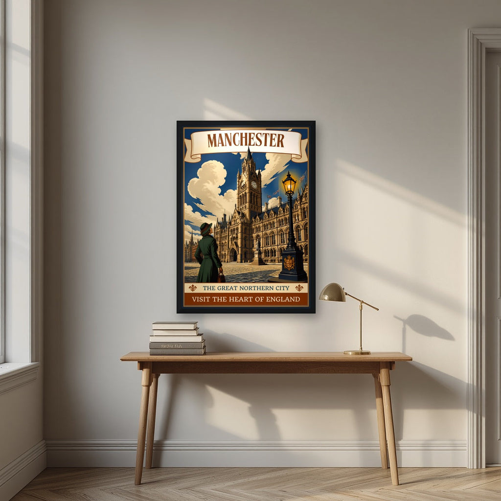 The Great Northern City Manchester art print in a black frame, above an oak writing desk