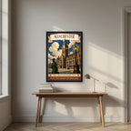 The Great Northern City Manchester art print in a black frame, above an oak writing desk
