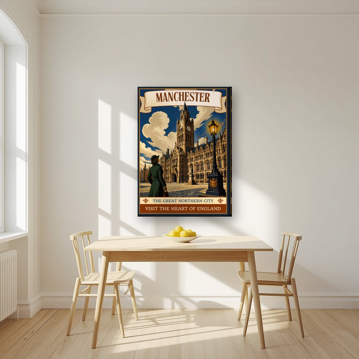 The Great Northern City Manchester art print on a slim-edge canvas, above a dining table in a bright kitchen
