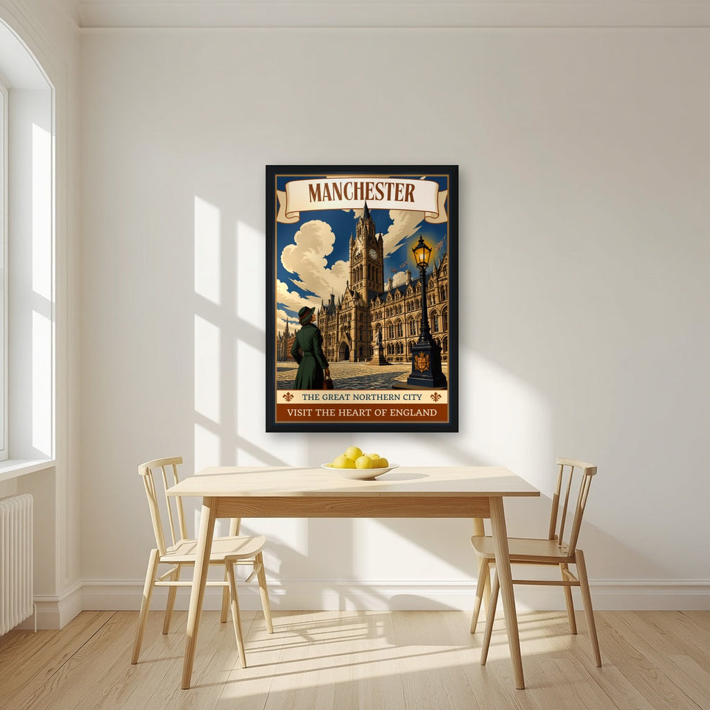 The Great Northern City Manchester art print in a black frame, above a dining table in a bright kitchen