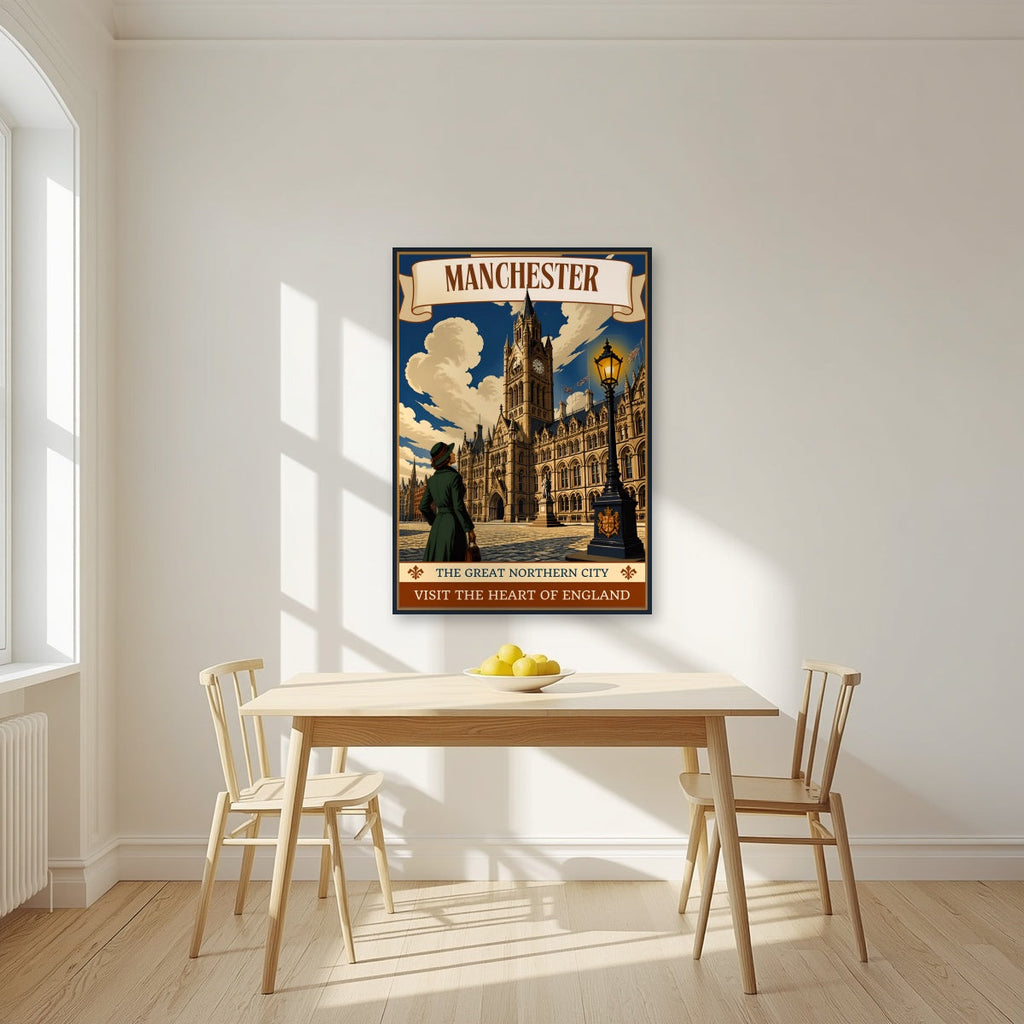 The Great Northern City Manchester art print as an unframed print, above a dining table in a bright kitchen