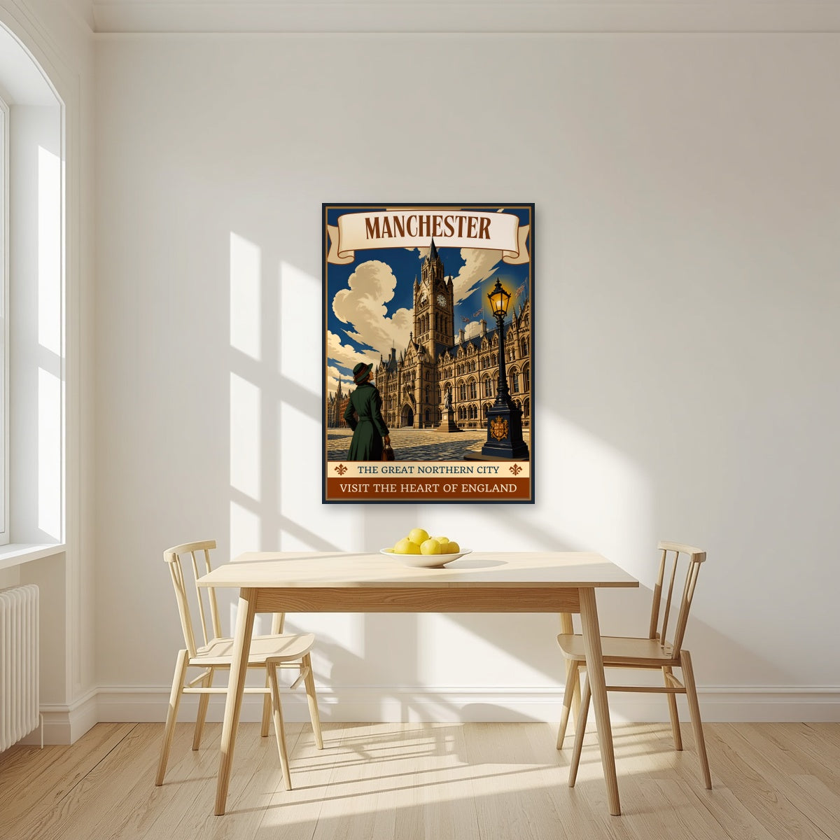 The Great Northern City Manchester art print as an unframed print, above a dining table in a bright kitchen