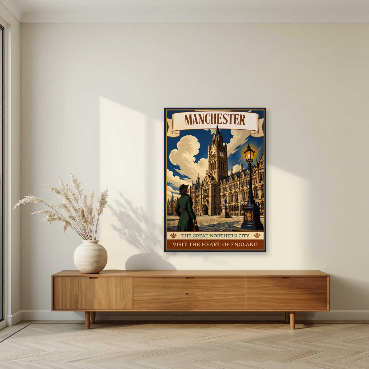 The Great Northern City Manchester art print as an unframed print, above a walnut sideboard in a living room