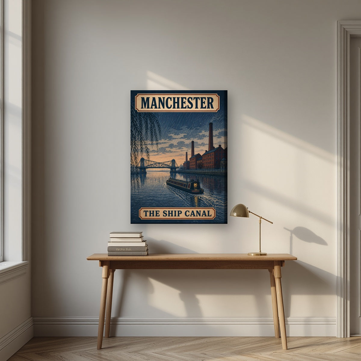 The Ship Canal Manchester art print on a slim-edge canvas, above an oak writing desk