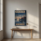 The Ship Canal Manchester art print on a thick-edge canvas, above an oak writing desk