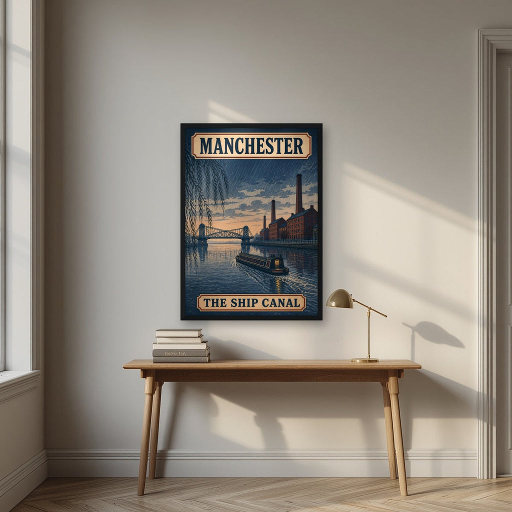 The Ship Canal Manchester art print in a black frame, above an oak writing desk