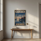 The Ship Canal Manchester art print in an oak frame, above an oak writing desk