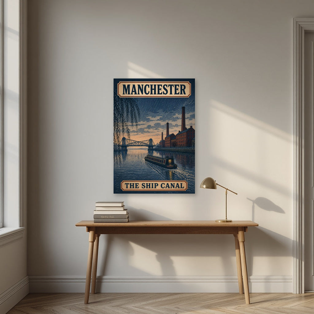 The Ship Canal Manchester art print as an unframed print, above an oak writing desk
