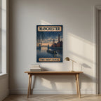 The Ship Canal Manchester art print as an unframed print, above an oak writing desk
