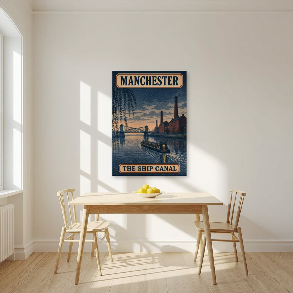 The Ship Canal Manchester art print as an unframed print, above a dining table in a bright kitchen