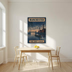 The Ship Canal Manchester art print as an unframed print, above a dining table in a bright kitchen