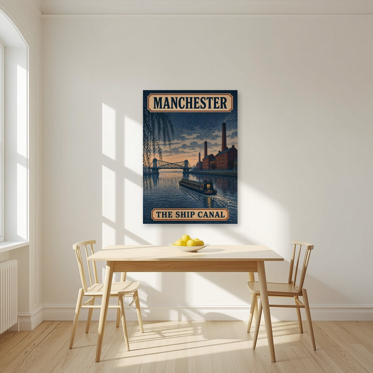 The Ship Canal Manchester art print as an unframed print, above a dining table in a bright kitchen
