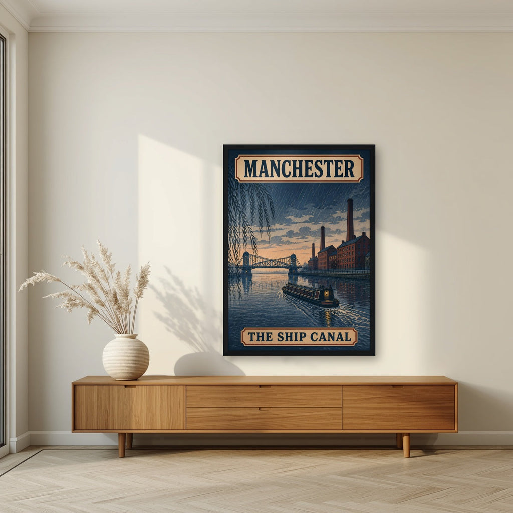 The Ship Canal Manchester art print in a black frame, above a walnut sideboard in a living room