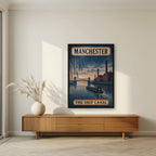 The Ship Canal Manchester art print in a black frame, above a walnut sideboard in a living room