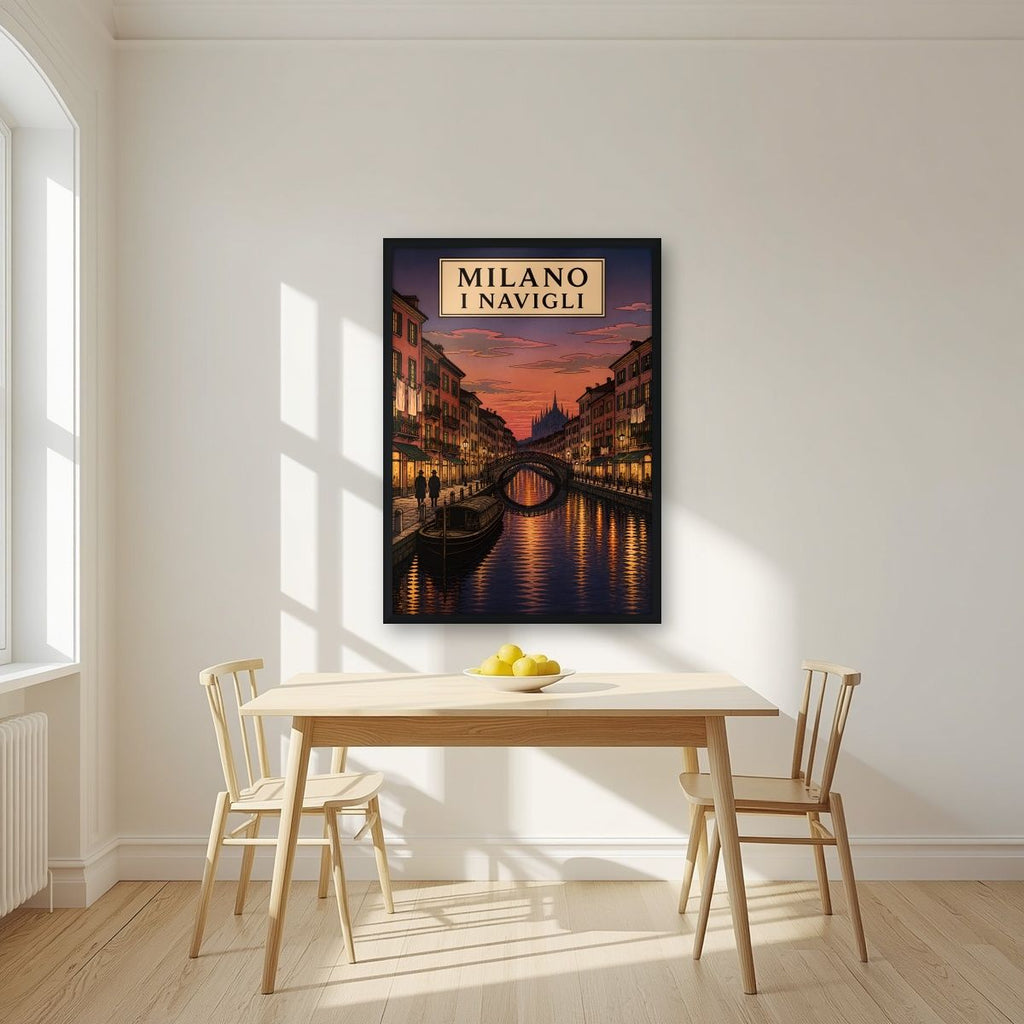 I Navigli — Milan art print, in a black frame, styled in a kitchen