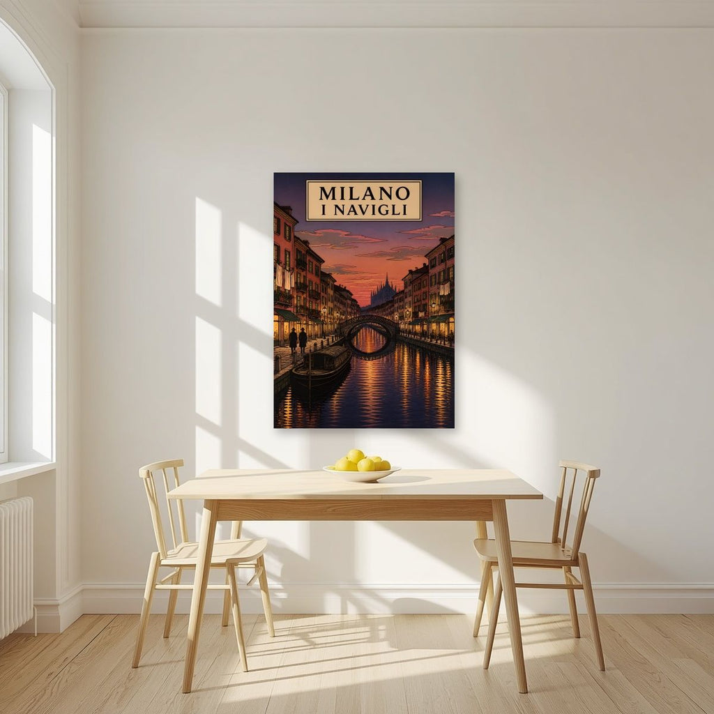 I Navigli — Milan art print, unframed poster, styled in a kitchen