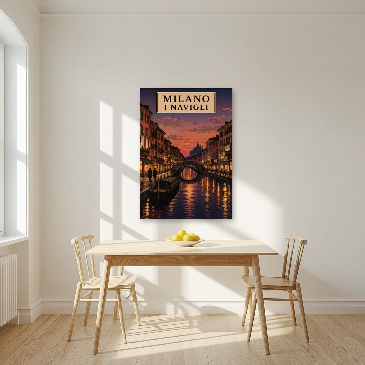 I Navigli — Milan art print, unframed poster, styled in a kitchen