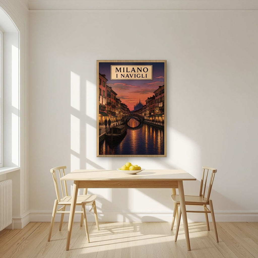 I Navigli — Milan art print, in an oak frame, styled in a kitchen