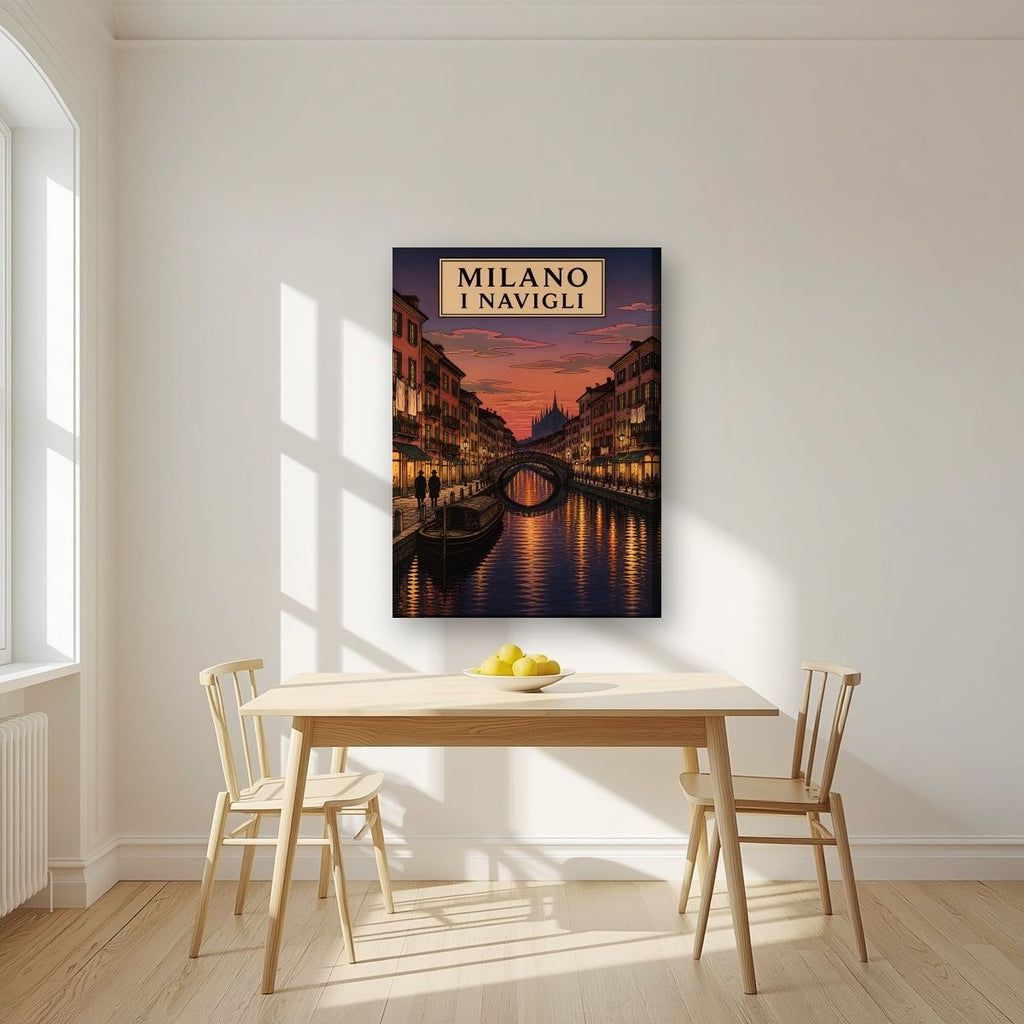 I Navigli — Milan art print, on slim canvas, styled in a kitchen
