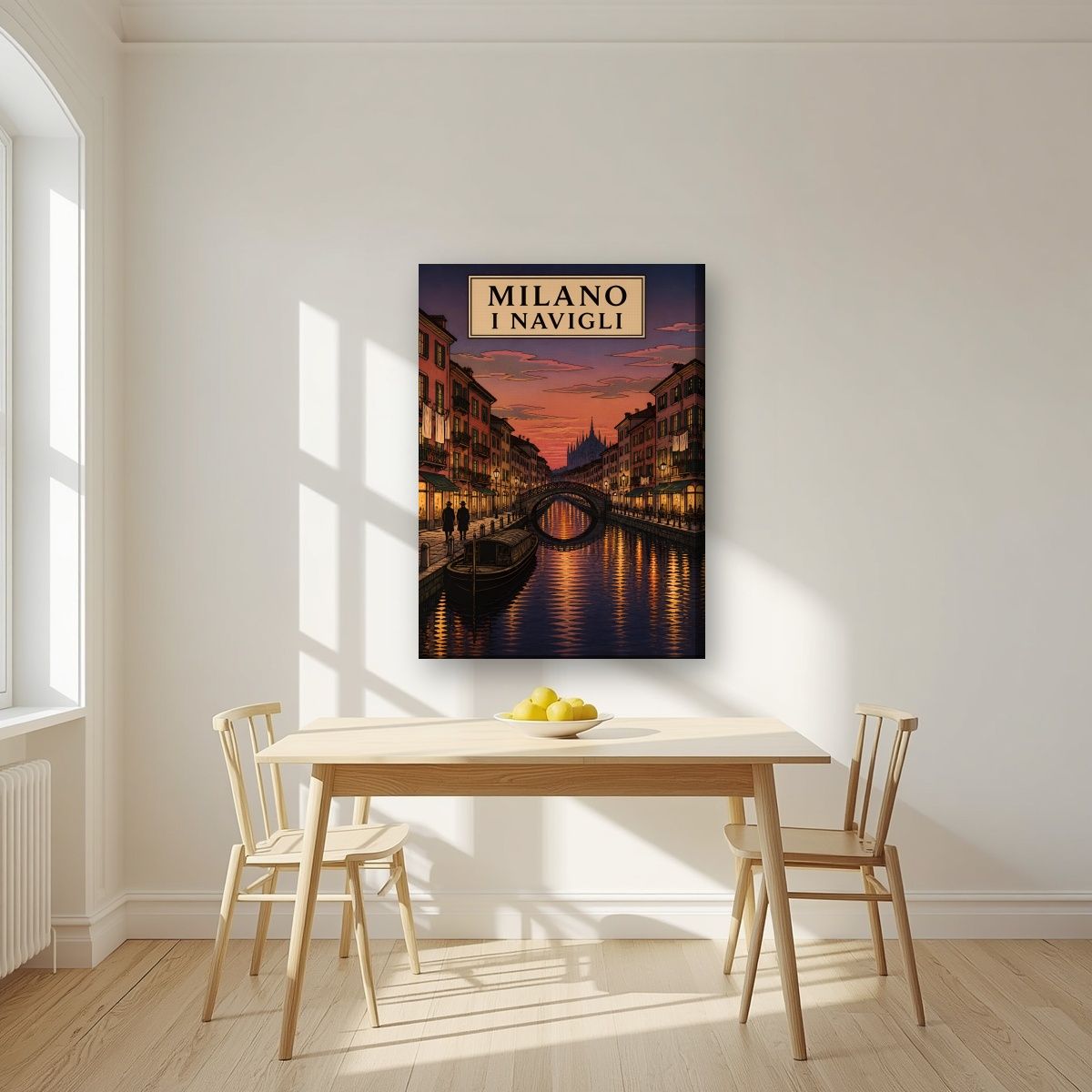I Navigli — Milan art print, on slim canvas, styled in a kitchen