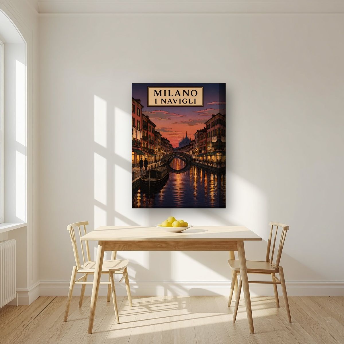 I Navigli — Milan art print, on thick canvas, styled in a kitchen
