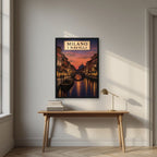 I Navigli — Milan art print, in a black frame, styled in a desk