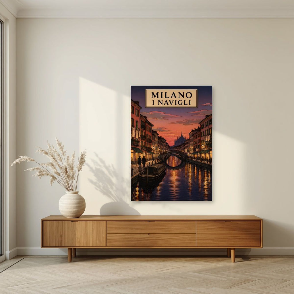 I Navigli — Milan art print, unframed poster, styled in a living room