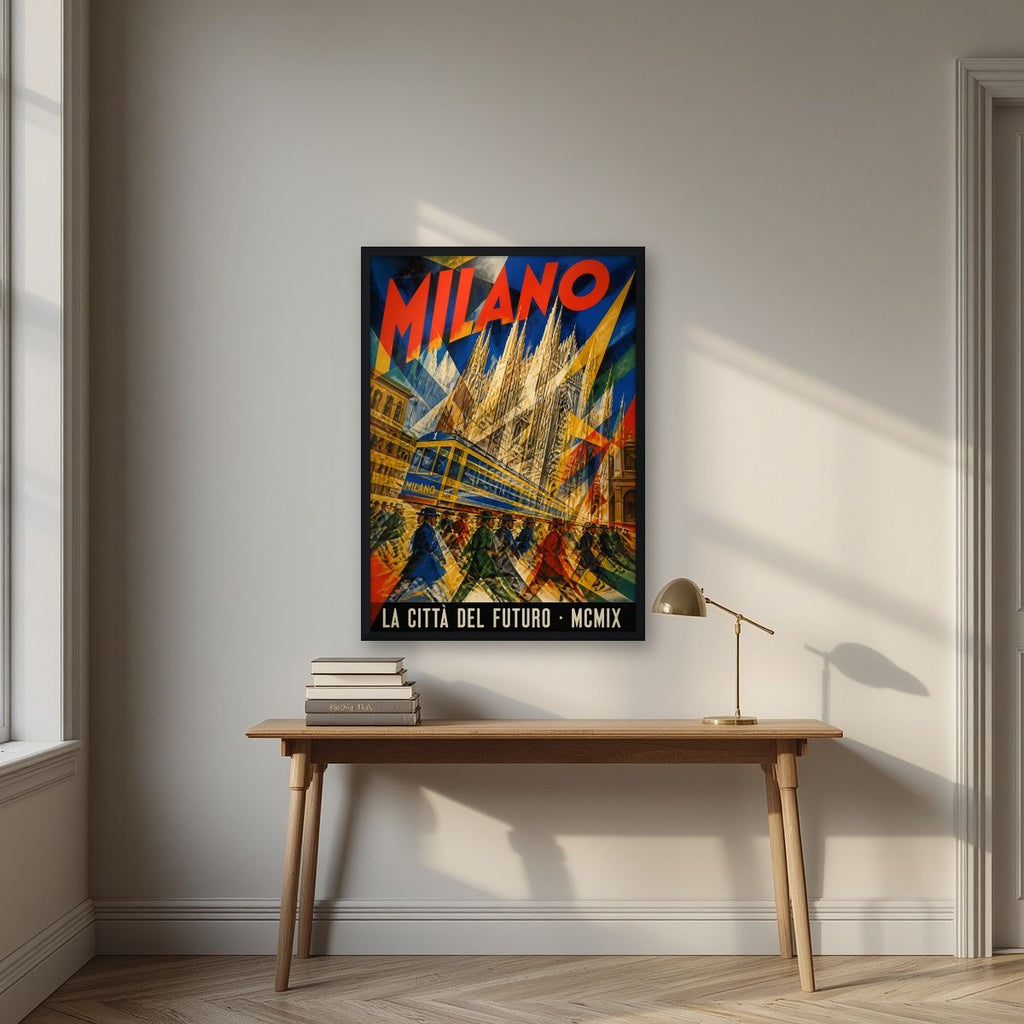 La Città Del Futuro — Milan art print, in a black frame, styled in a desk