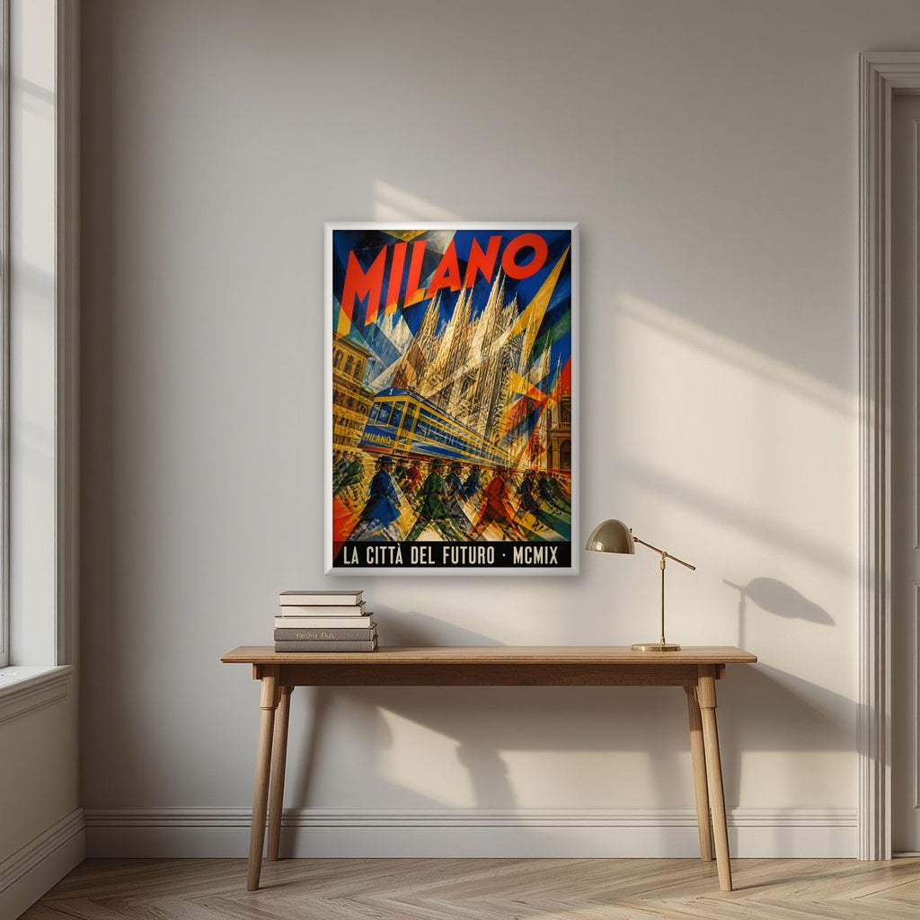 La Città Del Futuro — Milan art print, in a white frame, styled in a desk