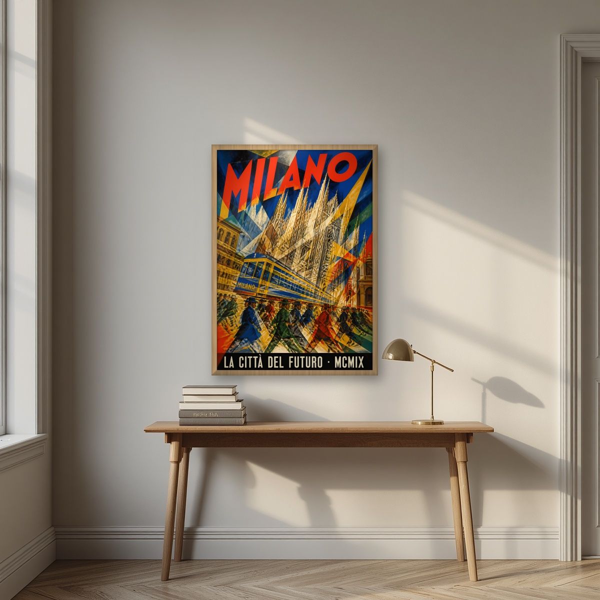 La Città Del Futuro — Milan art print, in an oak frame, styled in a desk