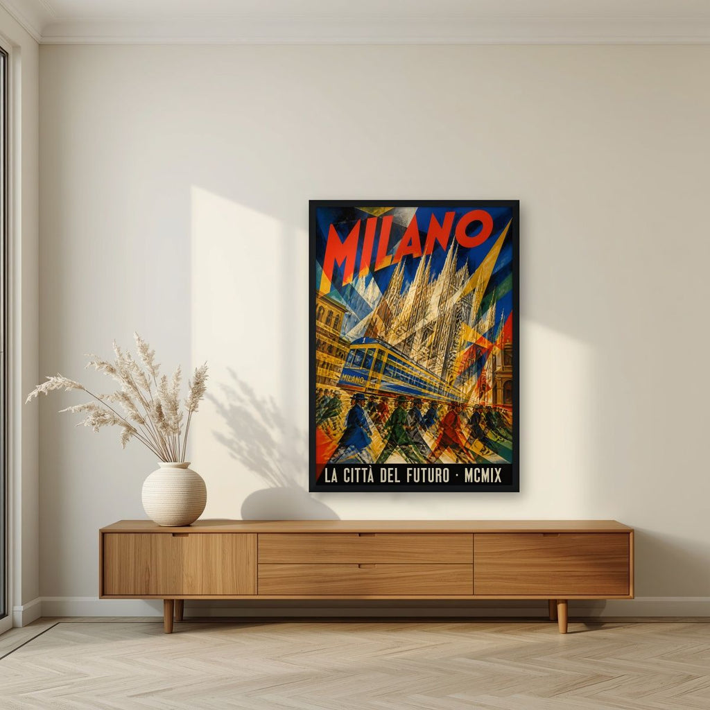 La Città Del Futuro — Milan art print, in a black frame, styled in a living room