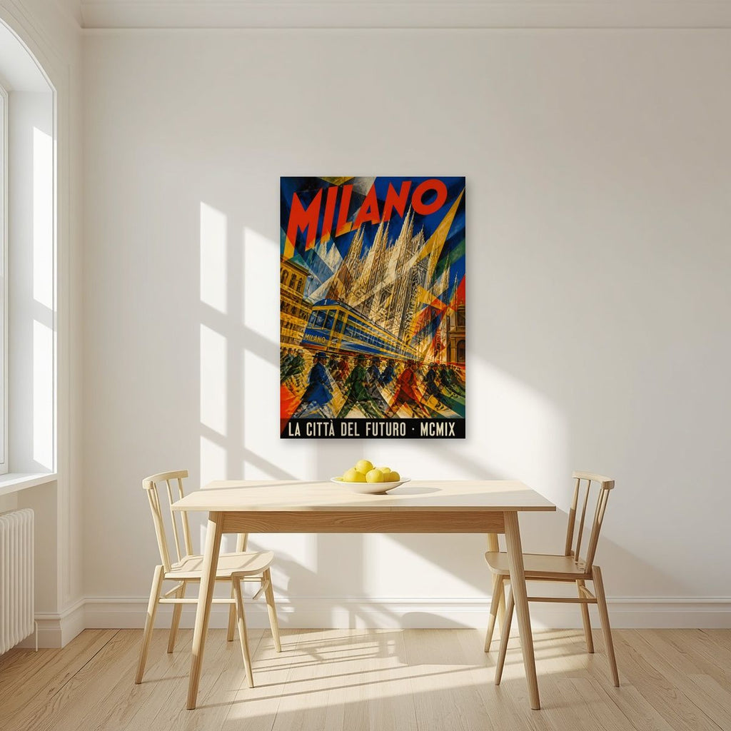 La Città Del Futuro — Milan art print, unframed poster, styled in a kitchen