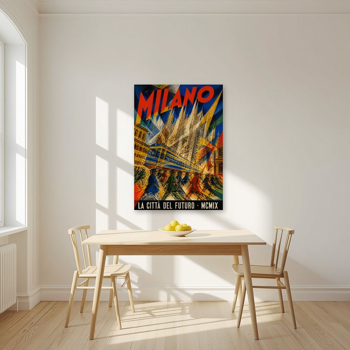 La Città Del Futuro — Milan art print, unframed poster, styled in a kitchen