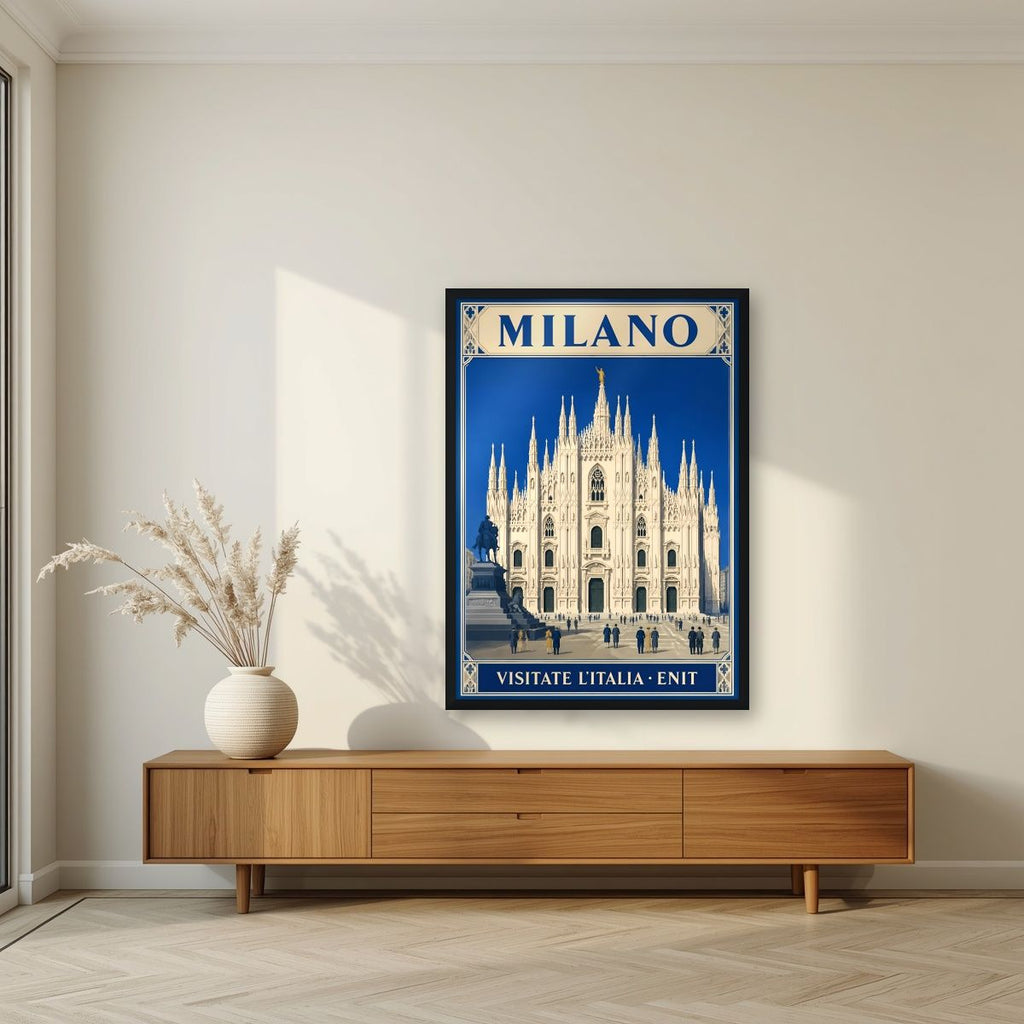 Le Guglie — Milan art print, in a black frame, styled in a living room