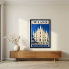 Le Guglie — Milan art print, in a black frame, styled in a living room
