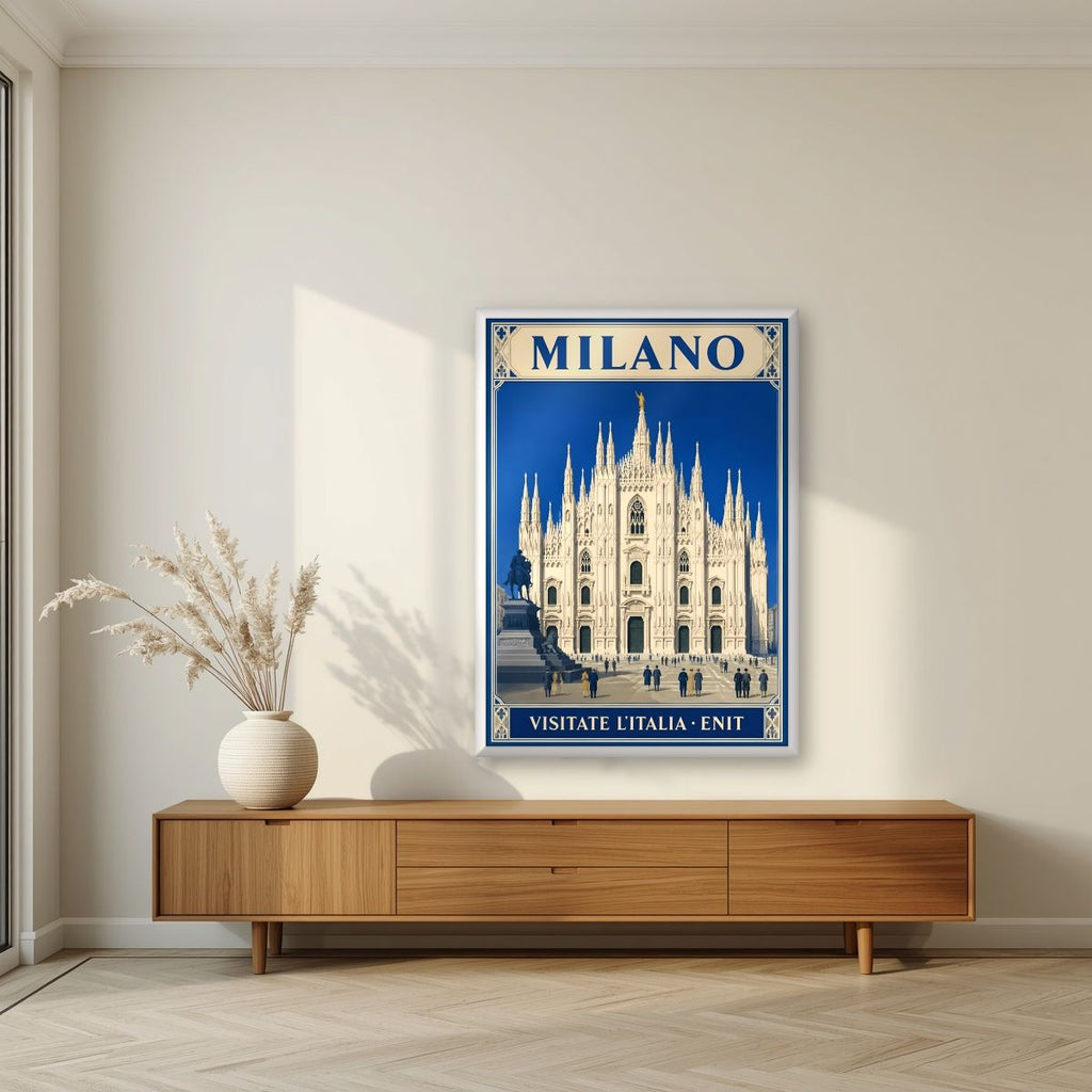 Le Guglie — Milan art print, in a white frame, styled in a living room