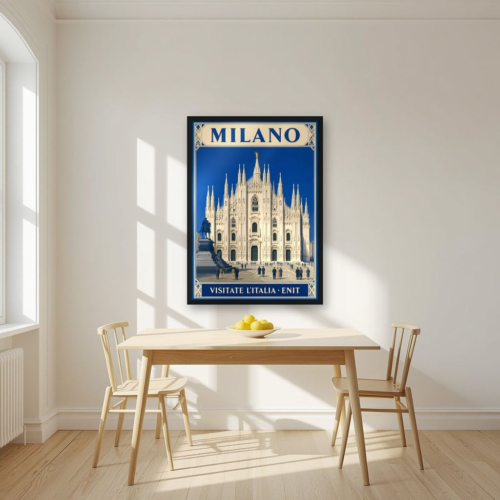 Le Guglie — Milan art print, in a black frame, styled in a kitchen