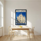 Le Guglie — Milan art print, in a black frame, styled in a kitchen