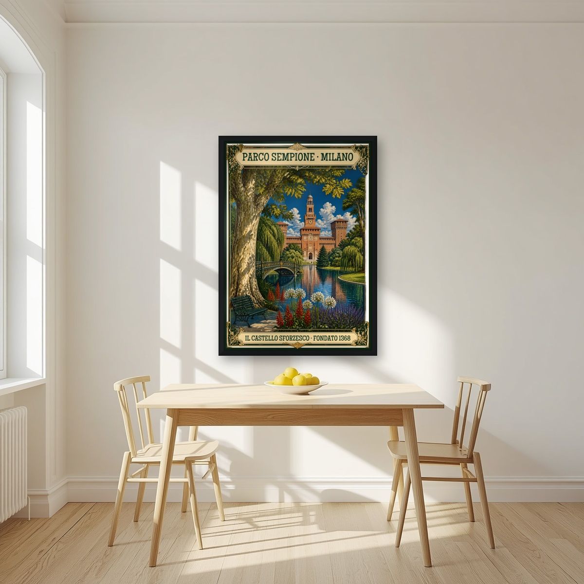Parco Sempione — Milan art print, in a black frame, styled in a kitchen