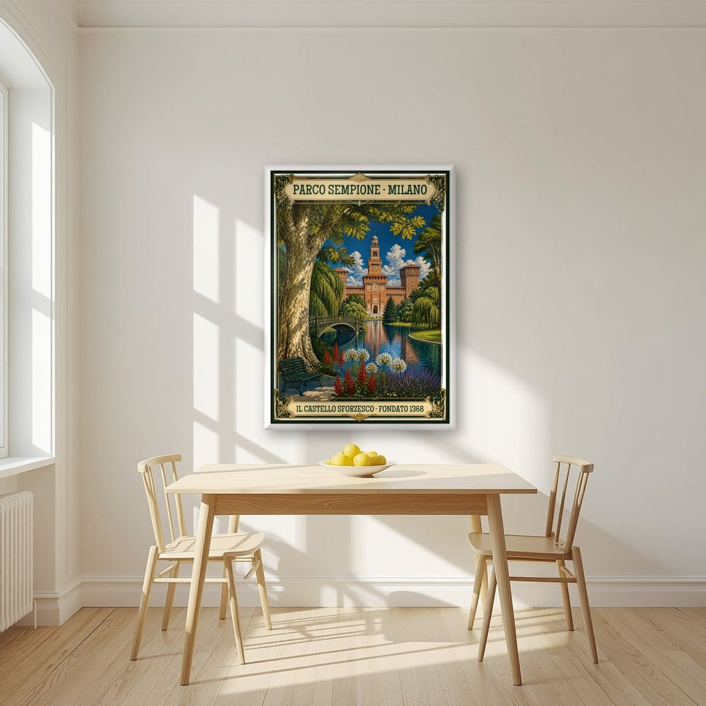 Parco Sempione — Milan art print, in a white frame, styled in a kitchen