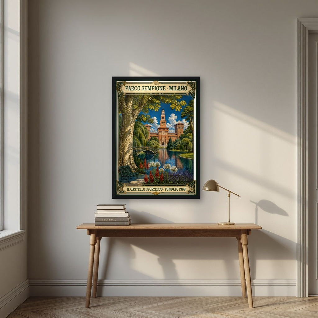Parco Sempione — Milan art print, in a black frame, styled in a desk